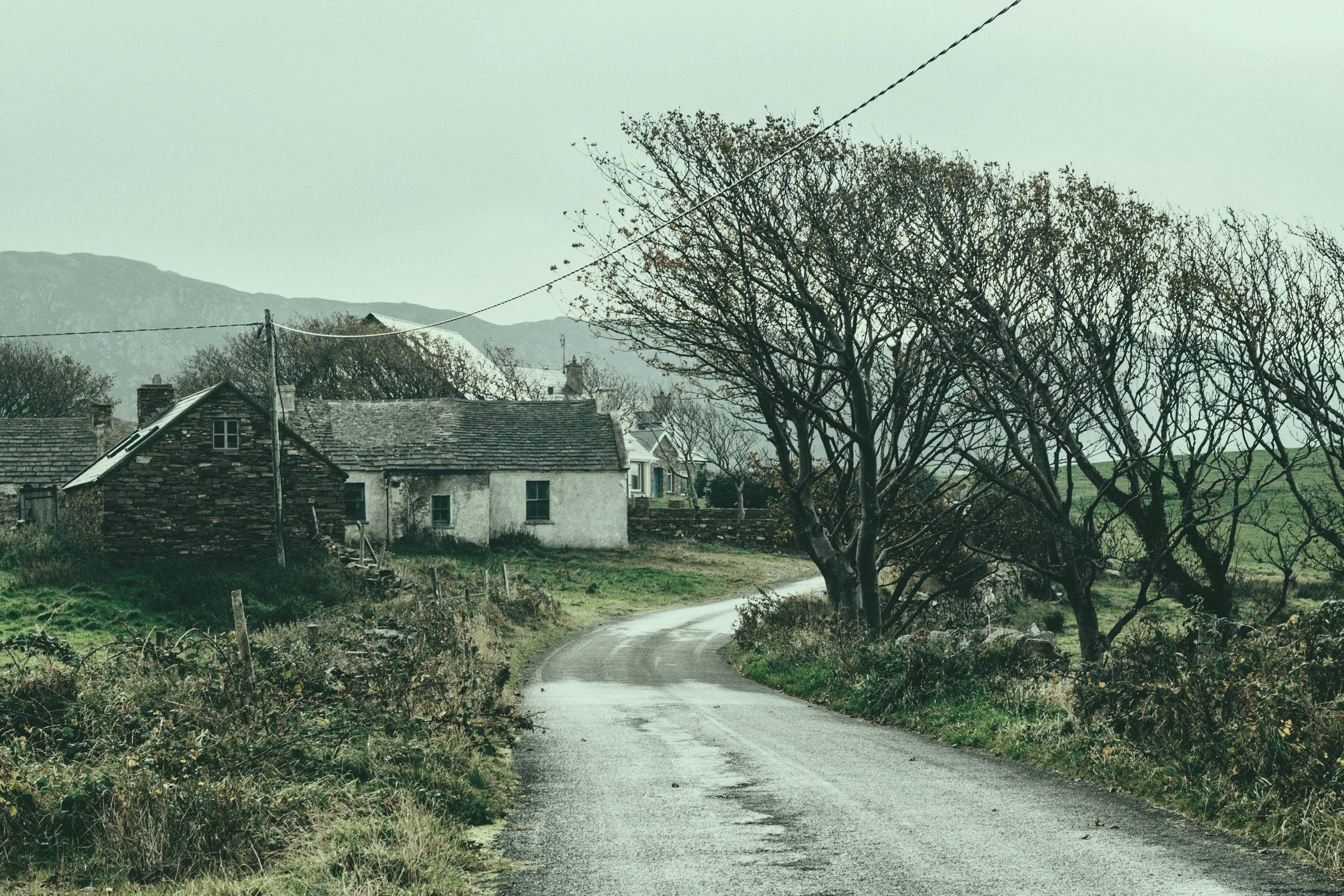 A whitewashed cottage beside a winding country lane
